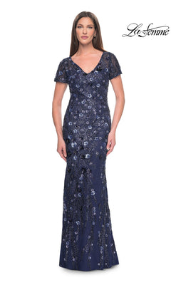 La Femme 31779 navy blue short-sleeve floor-length formal dress with a V-neckline and all-over sequin floral embellishments.