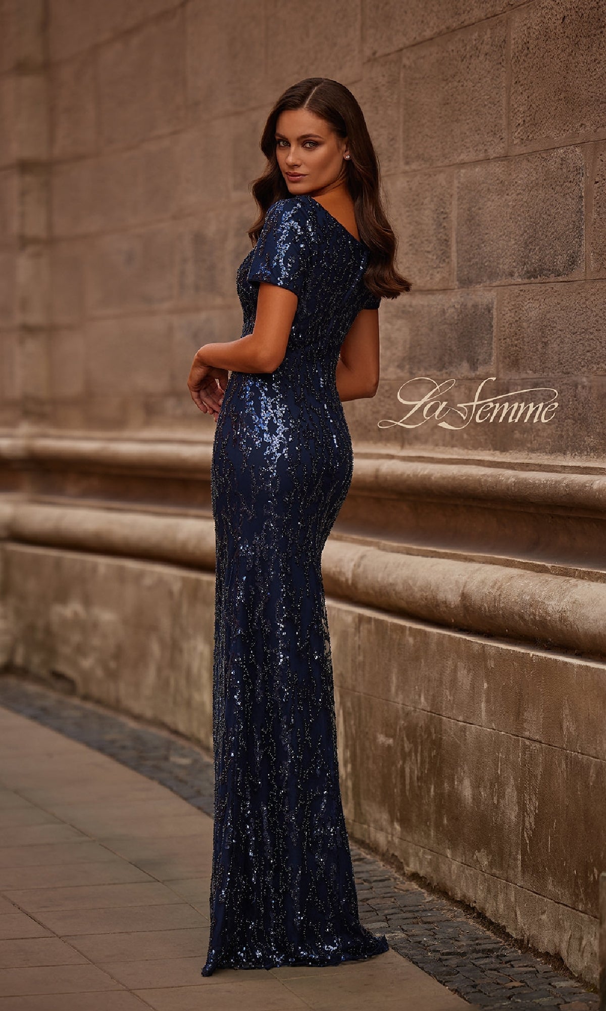 long navy blue dress Sequin Formal with Short Sleeves Navy / 14 Faviana Fitted Corset Satin Burgundy Color Length edit: party aw440 Size:S (US 4-6)