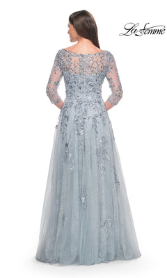 Back view of the dusty blue La Femme 31795 long formal dress, featuring three-quarter sleeves, an illusion neckline, and silver floral embroidery.