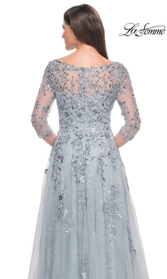 Back view of the Long Formal Dress: La Femme 31795, a light gray mother-of-the-bride dress with a boat neckline, three-quarter sleeves, and intricate silver floral embroidery and sequins on beaded tulle.