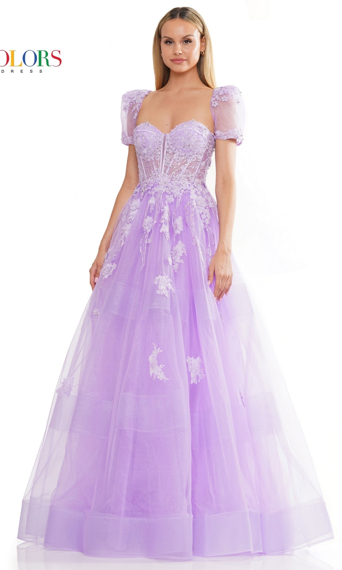 Puff-Sleeve Strapless Long Glitter Prom Dress 3179