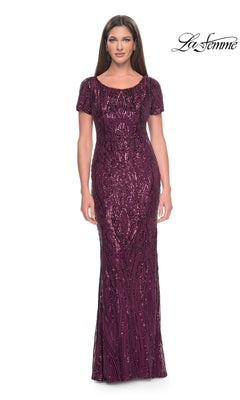 La Femme 31852 floor-length dark berry sequin formal dress with a scoop neckline and short sleeves.