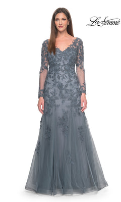 La Femme 31887 slate gray long-sleeved formal dress with a V-neckline and intricate floral embroidery featuring beaded lace appliques.