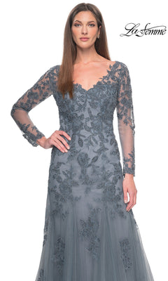 La Femme 31887 formal dress in grey, featuring a V-neckline, long sleeves, and intricate floral beadwork throughout.
