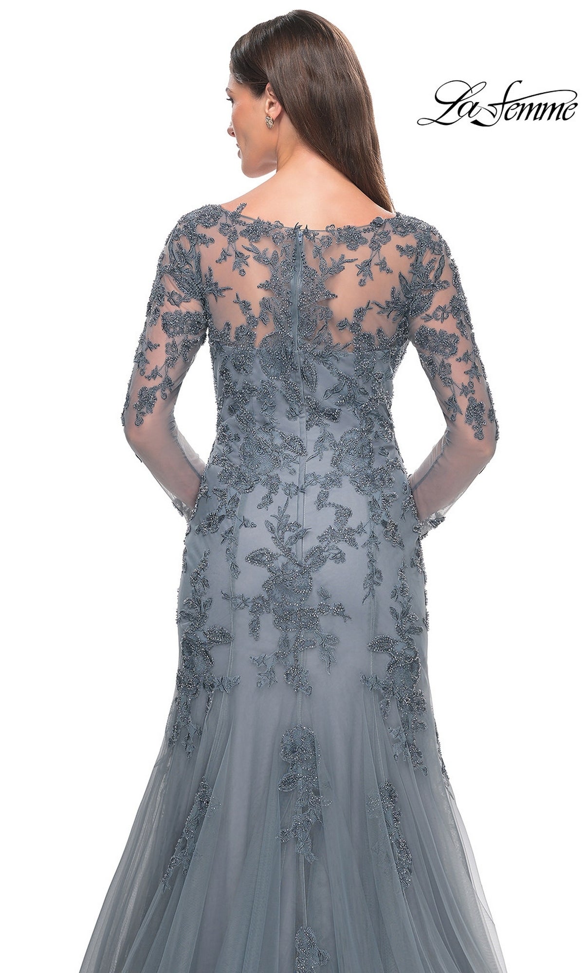 Back view of the grey La Femme 31887 long formal dress, featuring intricate floral beadwork and a sheer illusion neckline with beaded lace appliques.