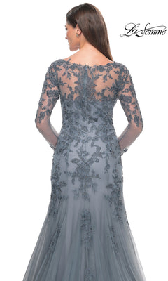 Back view of the grey La Femme 31887 long formal dress, featuring intricate floral beadwork and a sheer illusion neckline with beaded lace appliques.