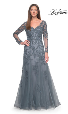 La Femme 31887 formal dress in gray, featuring long sleeves, a V-neckline, and intricate floral embroidery with beaded lace appliques.