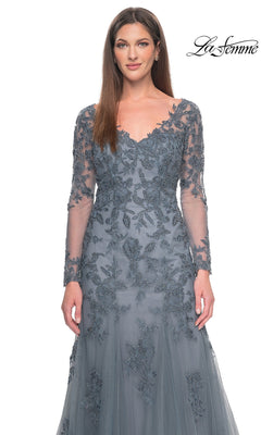 Grey long-sleeved La Femme 31887 formal dress with a V-neckline, intricate floral beadwork, and a long silhouette.