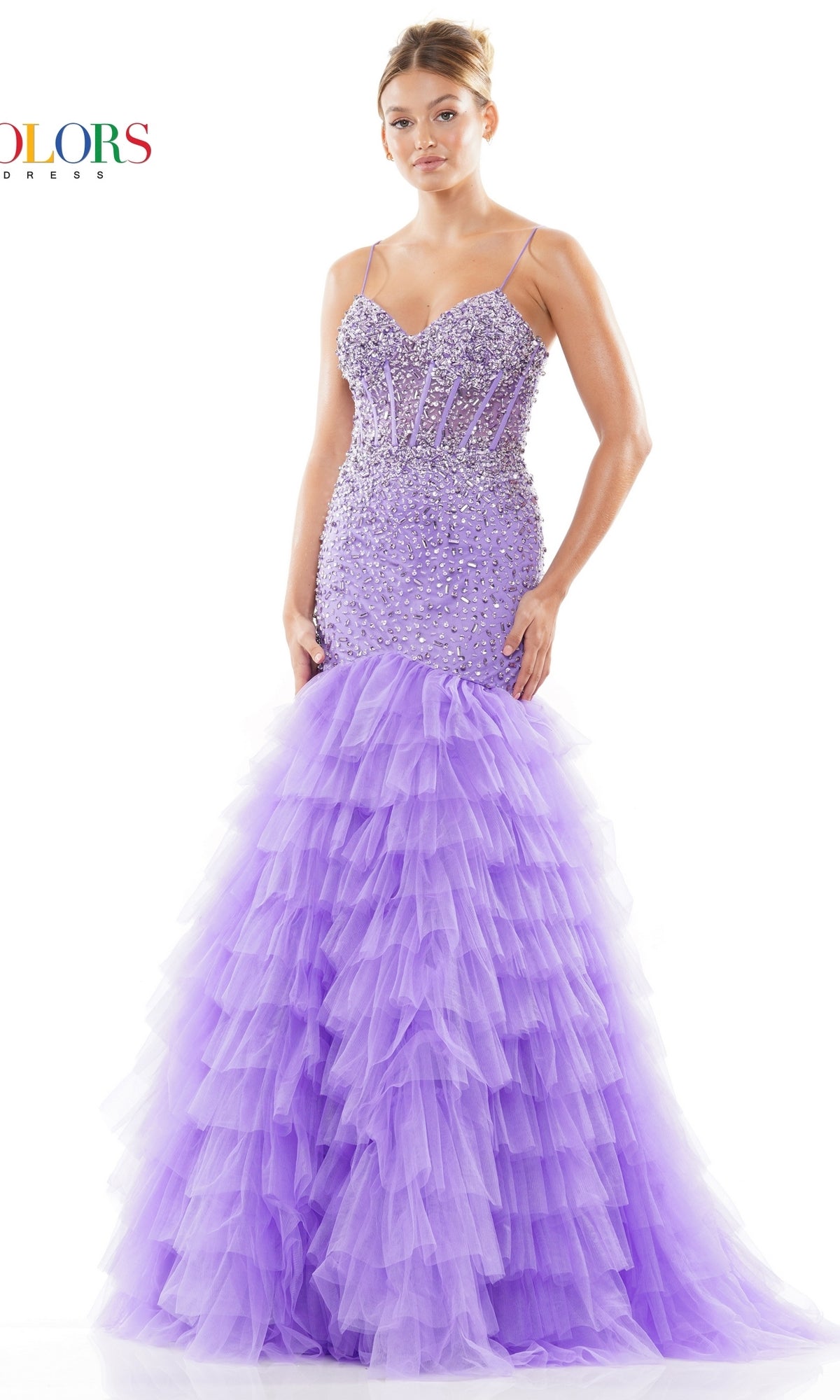 Beaded-Mesh Long Ruffled Mermaid Prom Dress 3189