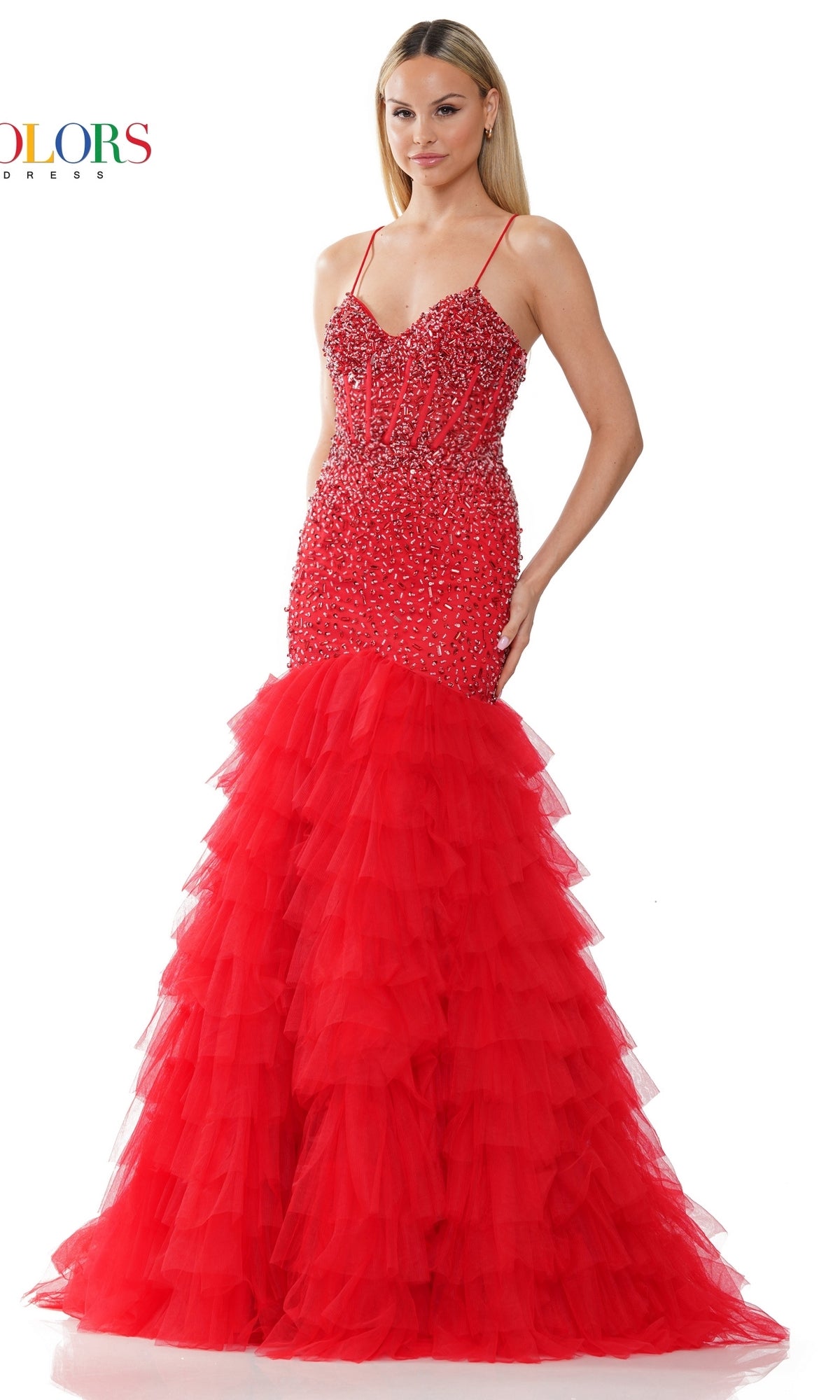 Beaded-Mesh Long Ruffled Mermaid Prom Dress 3189