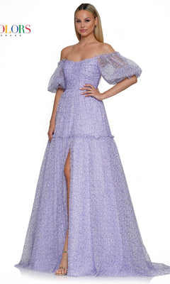 A woman confidently poses in the Colors Dress Long A-Line Prom Dress 3190, featuring light purple fabric, off-the-shoulder puff sleeves, a textured design, and a front slit.