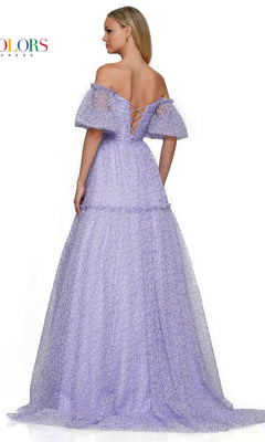 A woman faces away from the camera wearing the Colors Dress Long A-Line Prom Dress 3190, featuring light purple fabric, puff sleeves, an off-the-shoulder neckline, and a lace-up back.