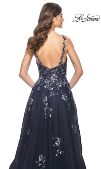 La Femme Navy Long Sequin-Print Prom Dress 31936