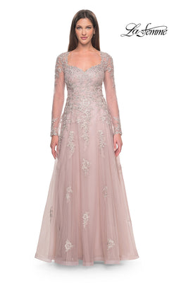 La Femme 31937 long formal dress in dusty mauve featuring a long-sleeved sweetheart bodice with an embroidered floral lace overlay.
