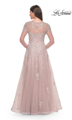 Back view of the Long Formal Dress: La Femme 31937, featuring an illusion neckline and floral lace embroidery over a tulle evening gown.