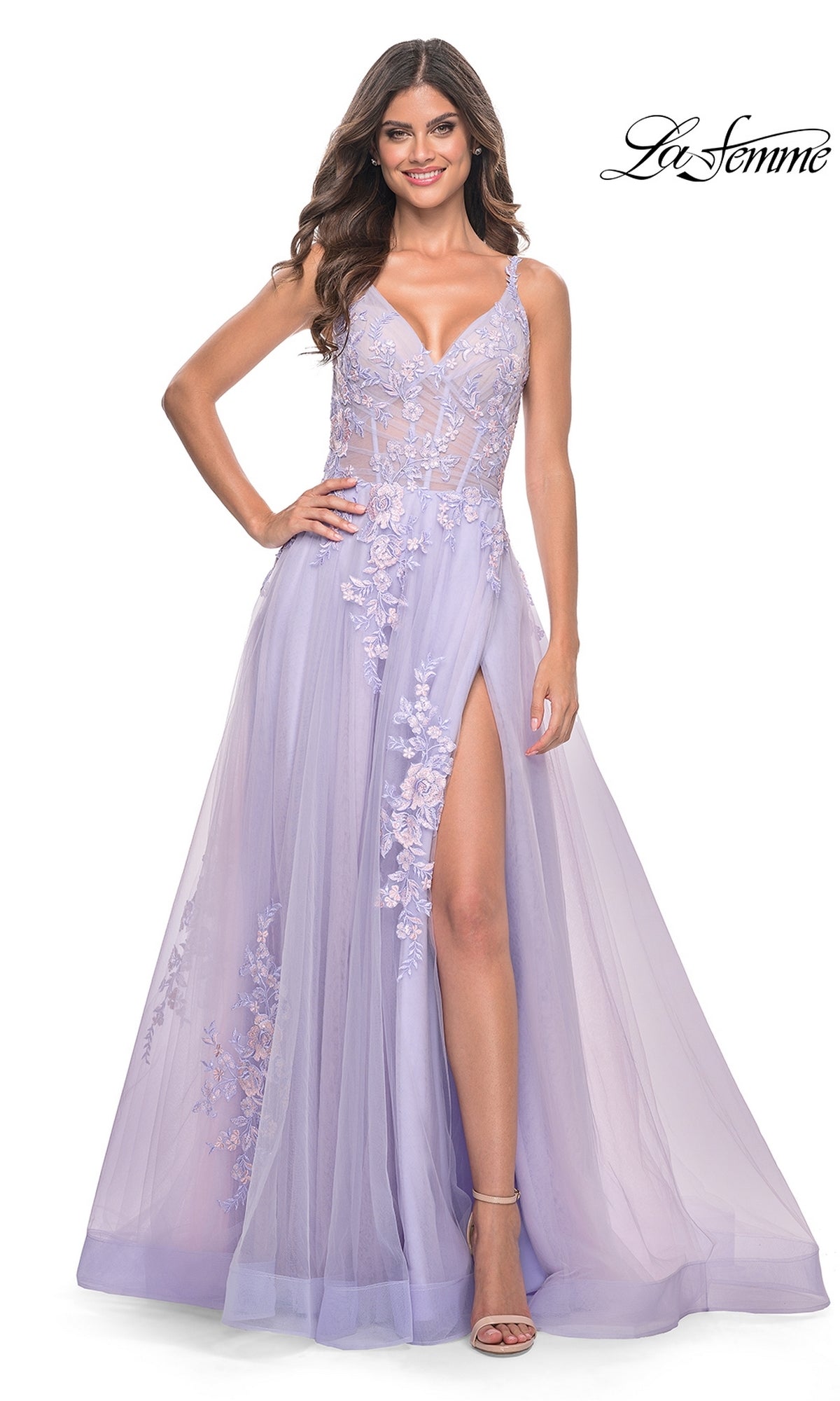 Sheer-Waist Long Prom Dress with Embroidered Lace – PromGirl