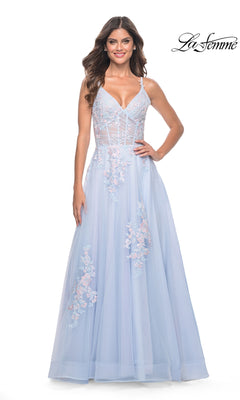 A woman poses against a white background wearing the La Femme Embroidered-Lace Long Prom Dress 31939, featuring a light blue hue, thin straps, embroidered floral lace details, and a semi-sheer bodice.
