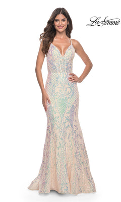 Woman in a fitted, floor-length La Femme Sequin-Print Long V-Neck Prom Dress 31943 featuring thin straps, a mermaid skirt, and deep V-neckline; "La Femme" logo appears in the top right.