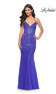 Long Beaded Prom Dress with Sheer Waist Royal Blue / 2 Long Beaded Prom Dress with Sheer Waist Royal Blue / 2