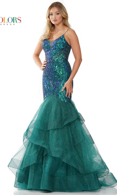 A woman wears the Sequin-Print Long Mermaid Prom Dress 3200, featuring a fitted sequin corset bodice and tiered tulle skirt in teal and blue mermaid hues.