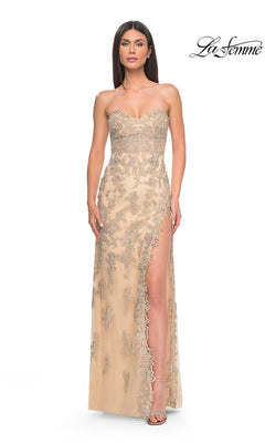 La Femme 32013 Strapless Embroidered Lace Prom Dress