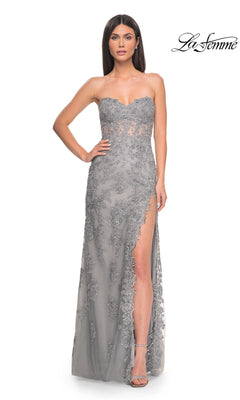 Long Embroidered-Lace Prom Dress with Sheer Waist Silver / 6