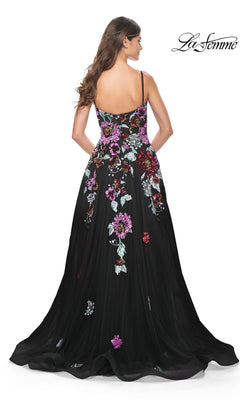 Woman in loose waves photographed from the back, wearing La Femme Sequin-Floral Long Prom Dress 32019—a black a-line gown with colorful sequin floral embroidery and thin shoulder straps.