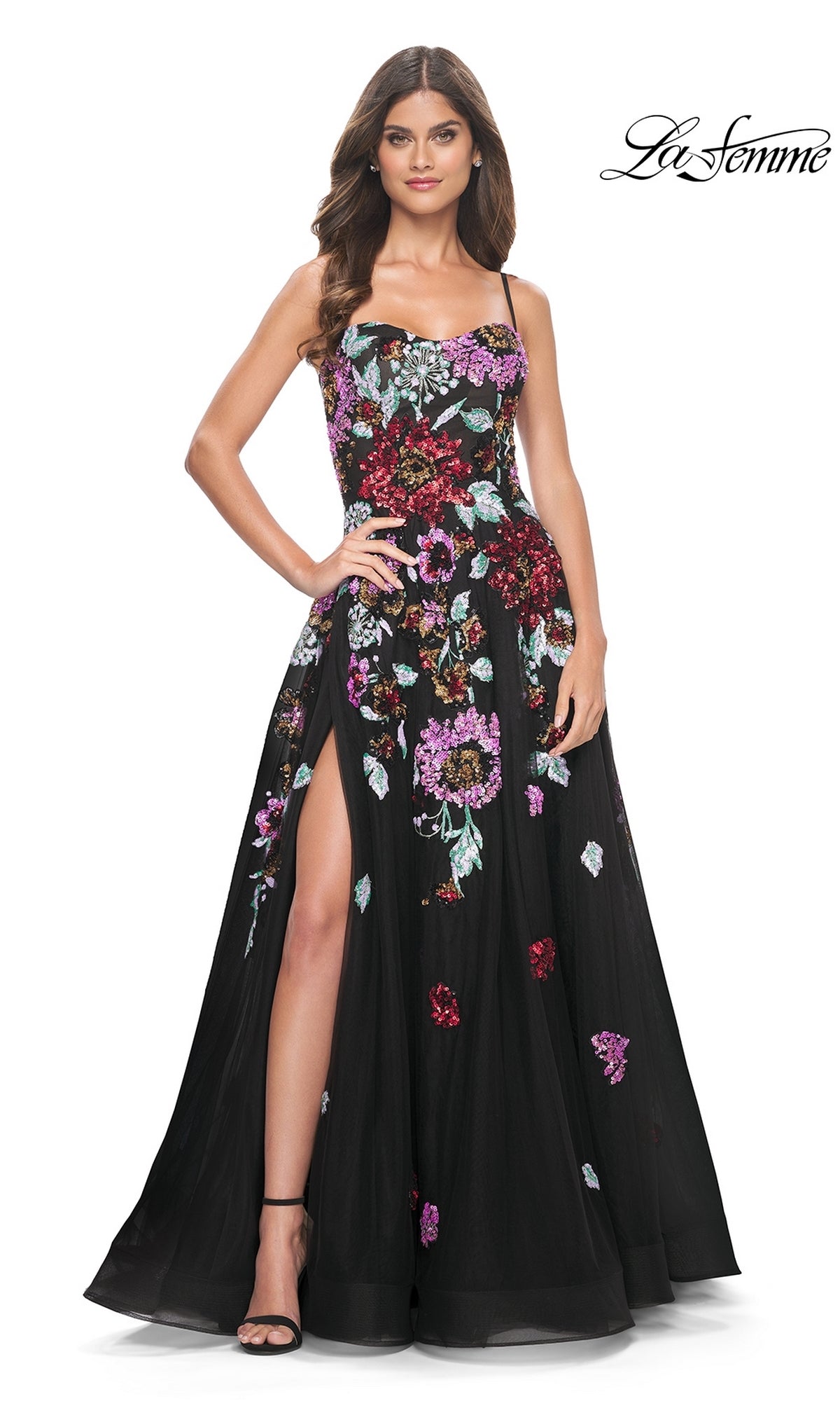 Long Black A-Line Prom Dress with Sequin Flowers