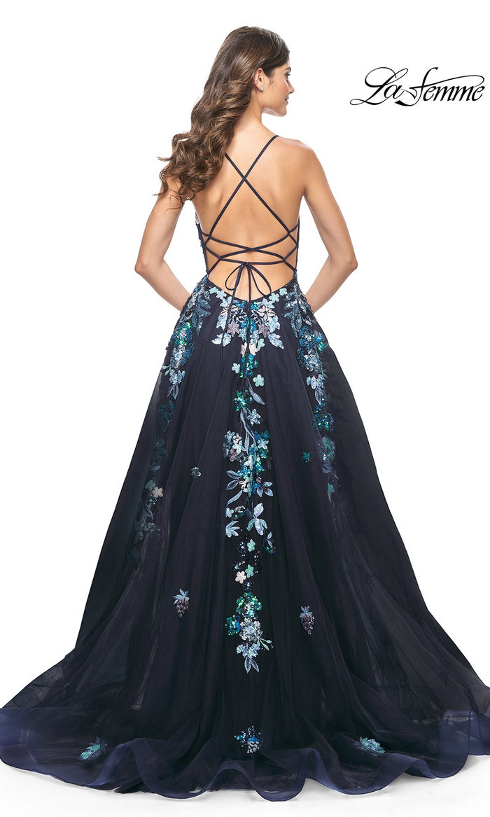 La Femme Sequin Flower-Print Long Prom Dress 32023