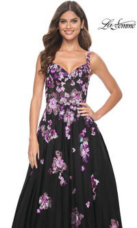 La Femme Purple-Floral Long Black Prom Dress 32030