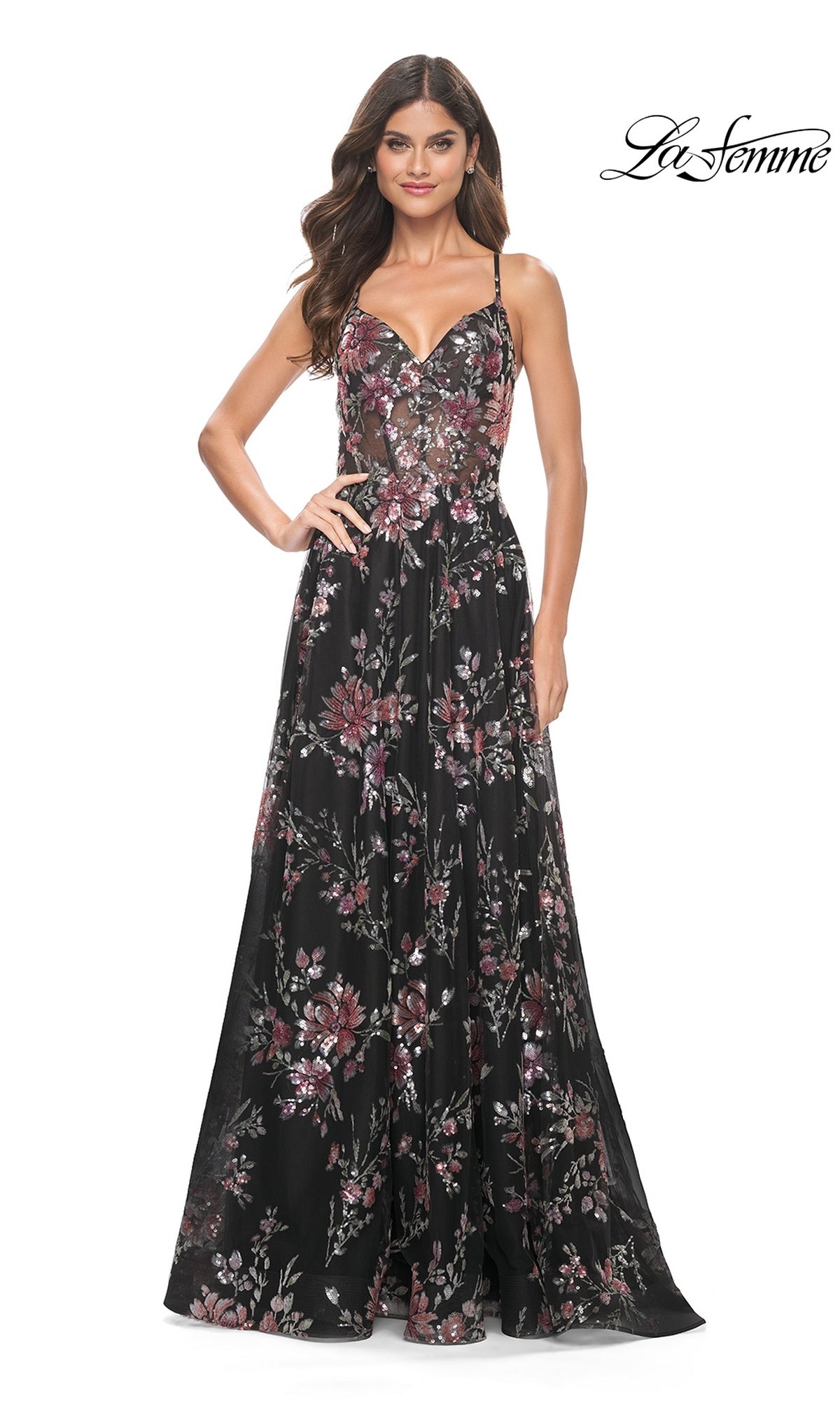Sheer-Waist Long A-Line Prom Dress with Sequin Flowers Black / 00