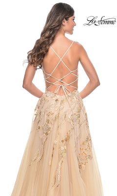 Woman wearing the La Femme Sequin-Lace Long A-Line Prom Dress 32032, featuring a lace-up open back and floral embroidery, facing away from the camera; "La Femme" logo in the top right corner.