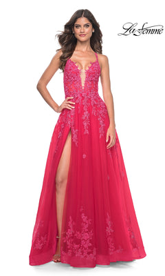 A woman wears the La Femme Embroidered-Lace Long Prom Dress 32062 in deep pink, featuring a sleeveless design, plunging neckline, high leg slit, and embroidered lace. The La Femme logo is shown in the top right corner.