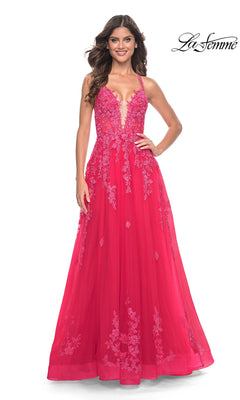 A woman faces forward wearing the La Femme Embroidered-Lace Long Prom Dress 32062 in deep pink, featuring a deep V neckline and intricate lace embroidery. The La Femme logo is displayed in the top right corner.