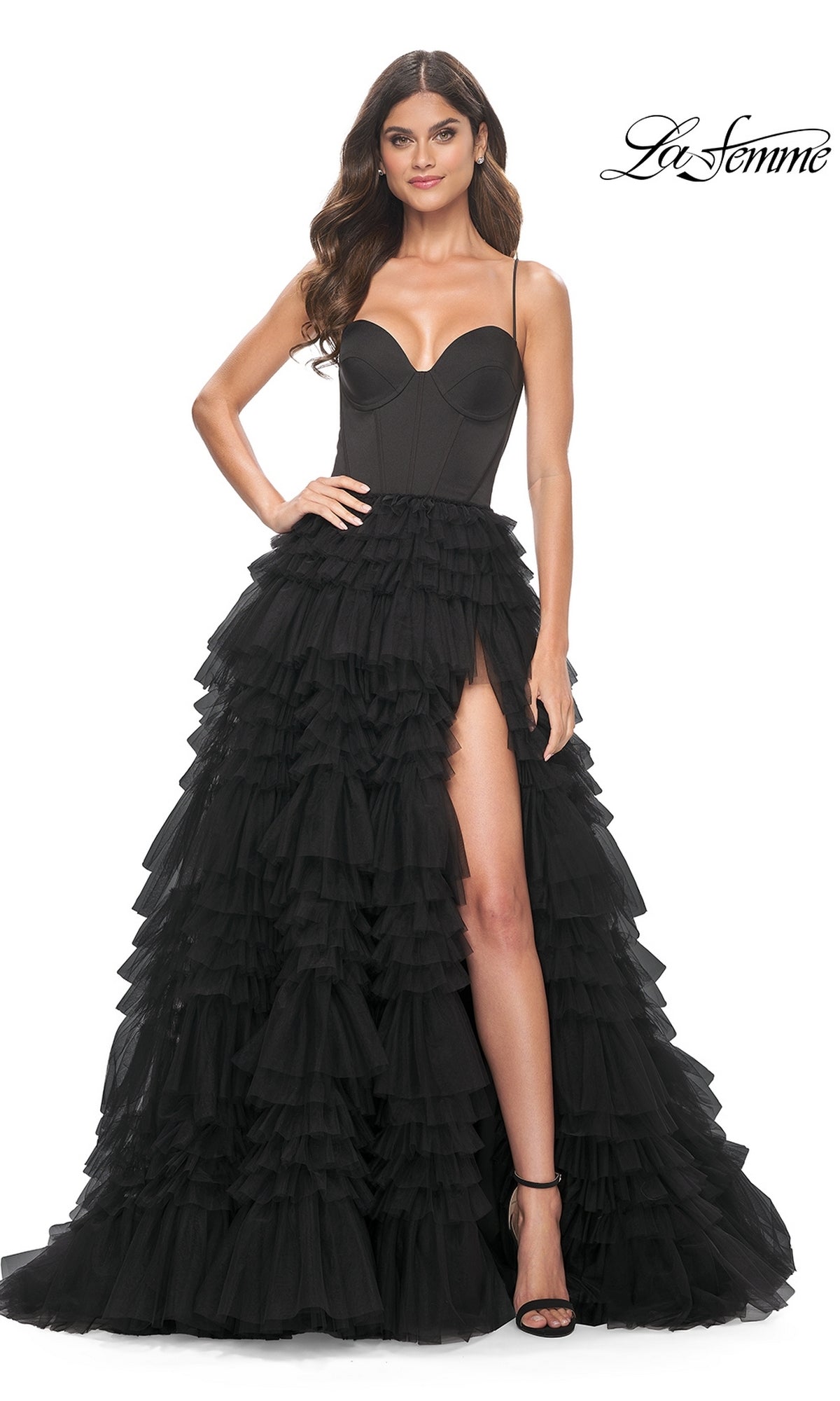 fitted lace wedding dress Long Ruffled A-Line Prom Dress with Lace-Up Corset– PromGirl