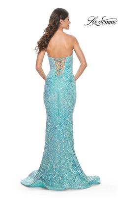 aqua strapless maxi dress La Femme Dress 32092
