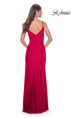 V-Neck Faux-Wrap Long Jersey Prom Dress with Side Slit Navy / 8