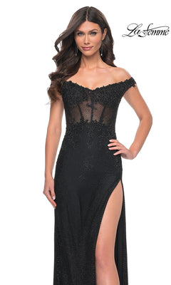 A woman wears the La Femme Off-Shoulder Long Corset Prom Dress 32116, featuring a sheer corset bodice, black beading, and a high slit. The La Femme logo is displayed in the top right corner.
