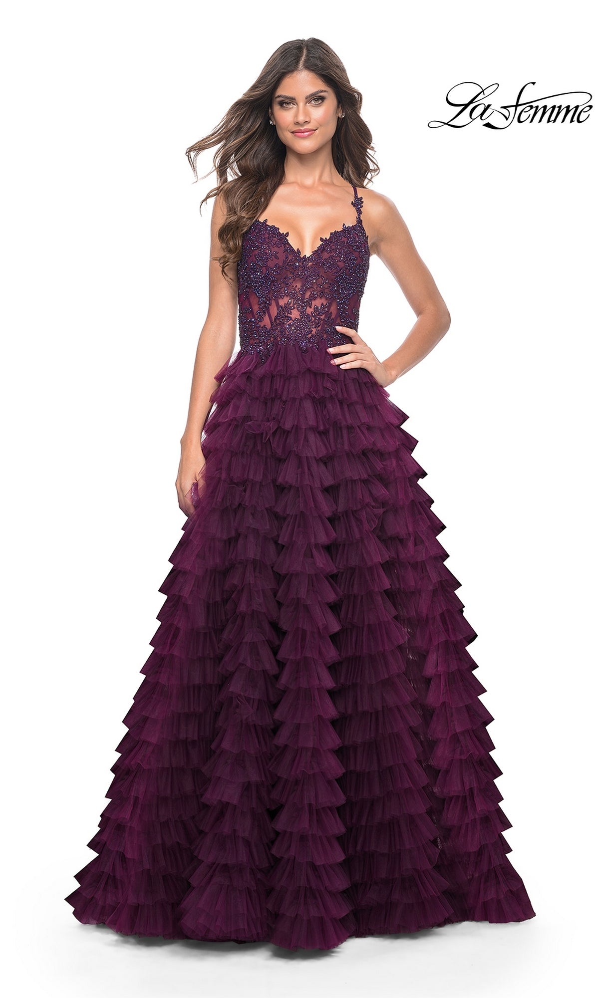 Long Ruffled A-Line Prom Dress with Sheer-Lace Bodice – PromGirl