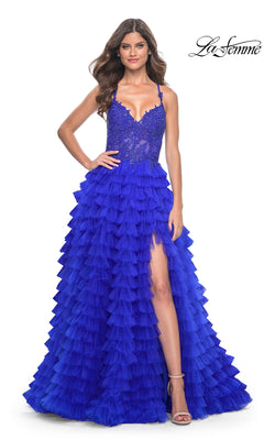 Long Ruffled A-Line Prom Dress with Sheer-Lace Bodice PromGirl Long Ruffled A-Line Prom Dress with Sheer-Lace Bodice PromGirl