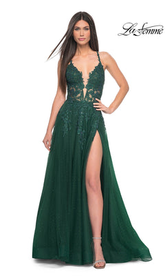 A woman wears the La Femme Lace-Embroidered Long Prom Dress 32147 in dark green, featuring floral lace, a deep V neckline, and a high slit. She pairs it with silver heels. The La Femme logo appears in the top right corner.