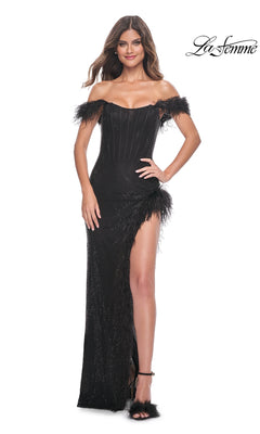 La Femme Long Black Fishnet Prom Dress with Feathers Black / 0