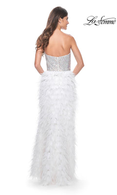 A woman is shown from the back wearing the La Femme Feather Strapless Long Prom Dress 32165, featuring a strapless embellished sweetheart bodice and feathered skirt, against a white background with the La Femme logo in the top right corner.