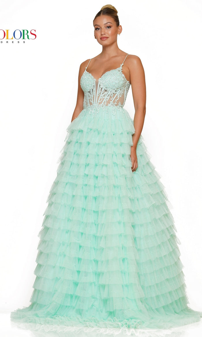 Beaded-Corset Long Ruffled Prom Ball Gown 3219
