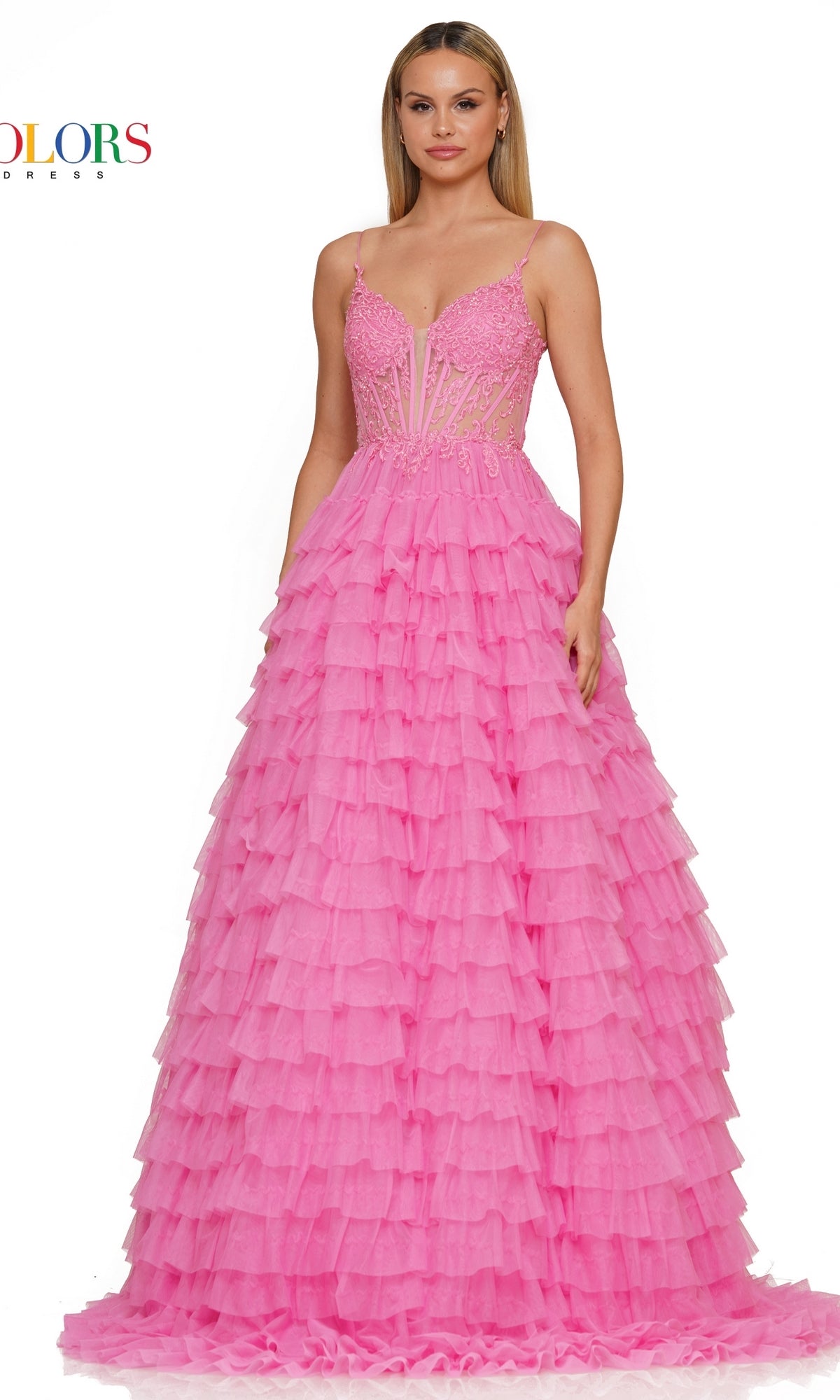 Woman wearing the Beaded-Corset Long Ruffled Prom Ball Gown 3219—a floor-length, sleeveless pink dress with a fitted semi-sheer beaded corset bodice and tiered ruffled skirt, perfect for prom or formal occasions.