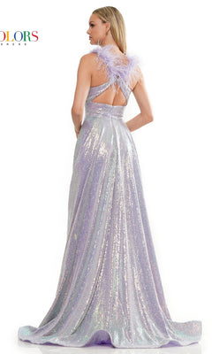 Woman in the Feather-Strap Long Sequin-Mesh Prom Dress 3221, a sparkling floor-length lavender gown with feathered shoulder straps, standing and facing away from the camera.