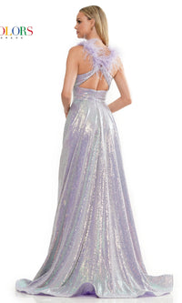 Feather-Strap Long Sequin-Mesh Prom Dress 3221