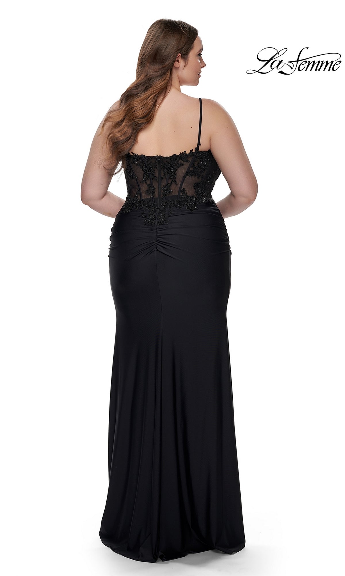princess polly baby blue dress Sheer Lace-Bodice Plus-Size Long Black Prom Dress– PromGirl