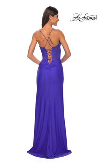 La Femme Lace-Up Long Fishnet Prom Dress 32230