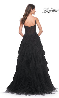 La Femme Sheer-Waist Long Ruffled Prom Dress 32233